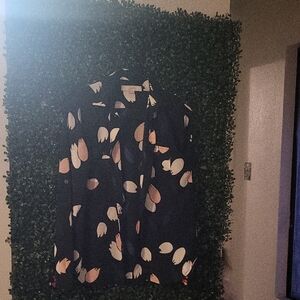 LOFT Black Blouse with Cream Leaf Design